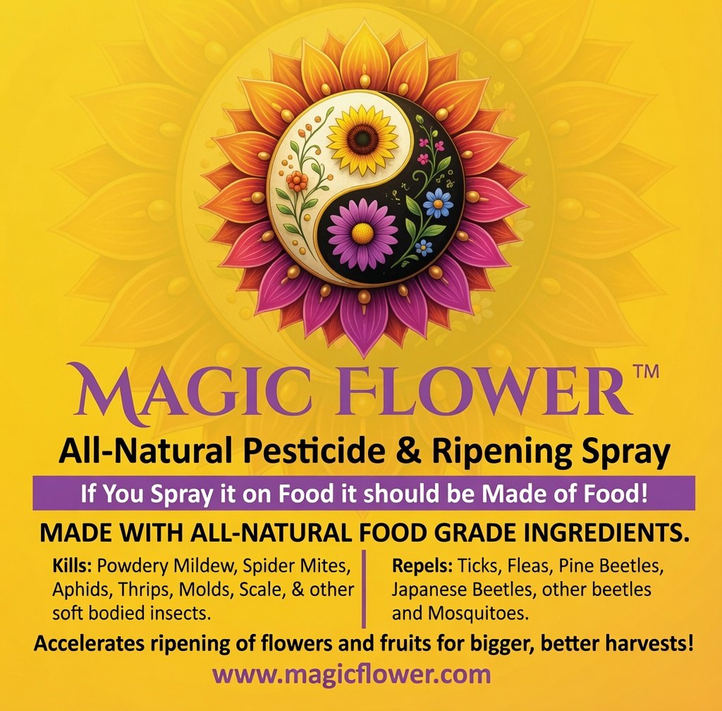 The Magic Flower label: All-Natural Pesticide and Ripening Spray, made with food-grade ingredients.